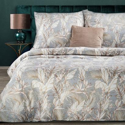 Pościel satynowa NIKA 180x200 Eurofirany jasnoszara brązowa botaniczny ogród