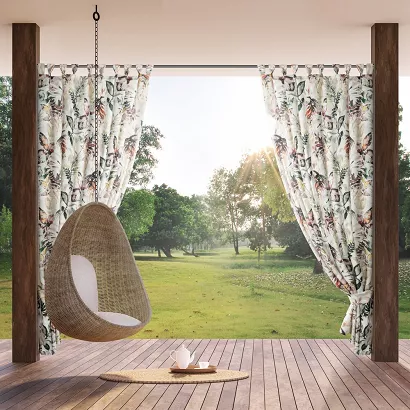 Zasłona gotowa na szelkach wodoodporna GARDEN2 155x220 ogrodowa biała kolorowy botaniczny wzór
