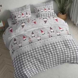 Pościel flanelowa świąteczna 220x200 szara biała kratka skrzaty