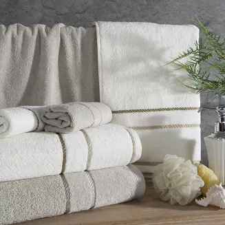 Ręcznik bawełniany z welurową bordiurą w ozdobne paseczki NEL 70x140 Eurofirany beżowy