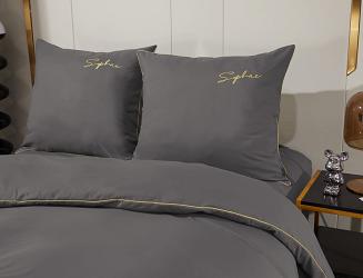Pościel 200x220 grafitowa złoty haft satynowa lamówka