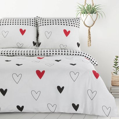 Pościel bawełniana KID 160x200 Design91 biała czerwone czarne srduszka + kratka