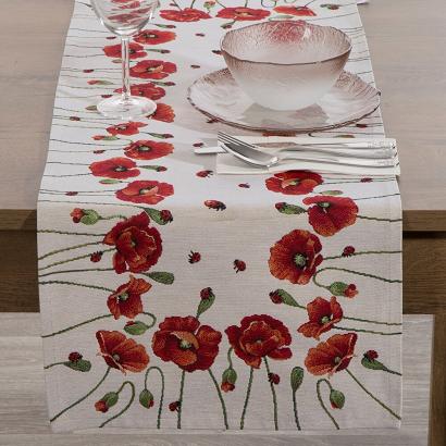 Bieżnik obrus dekoracyjny gobelin 40x100 Eurofirany naturalny czerwone maki