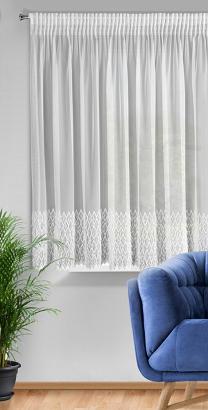 Firana gotowa na taśmie AMY 300x150 Eurofirany biała koronka geometryczna aplikacja frędzle