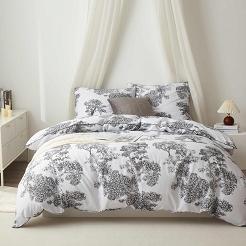 Biała Pościel Vintage z Nadrukiem Satyna Bawełniana 140x200 z Czarną Lamówką Biza