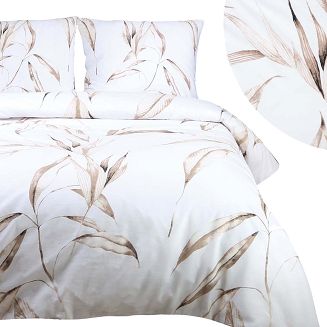 Pościel bawełniana COTTONLOVE 160x200 biała w beżowe liście