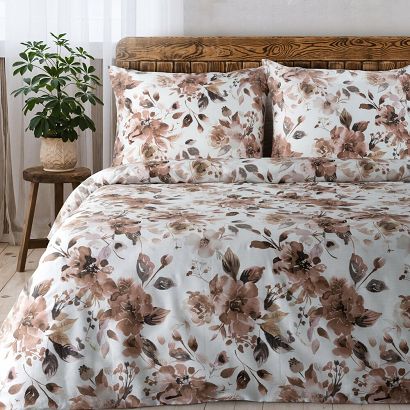Pościel satynowa SPRING 220x200 Eurofirany biała brązowa akwarelowe kwiaty liście