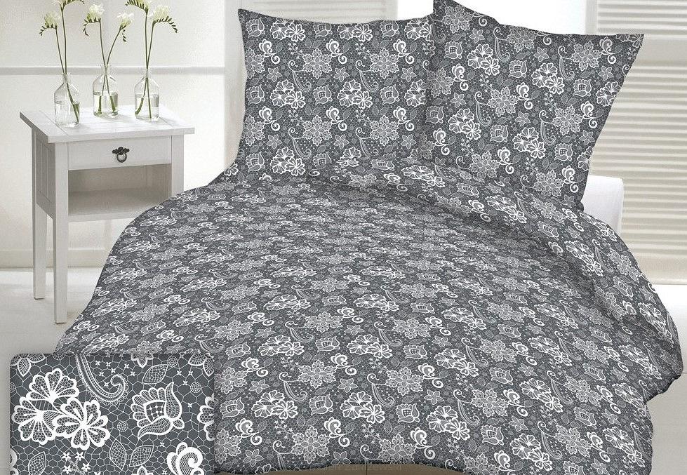 Pościel z kory 100% bawełna 200x220 wzór biała koronka na szarym tle