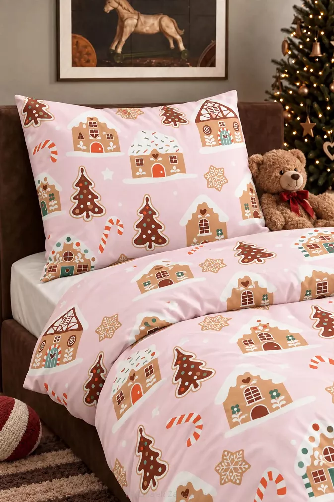 Dziecięca Pościel Świąteczna z Satyny Bawełnianej GINGERHOUSE Pudrowa (100x135 cm)