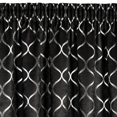 Zasłona gotowa na taśmie zaciemniająca MILI 140x270 Eurofirany czarna srebrna geometryczny nadruk