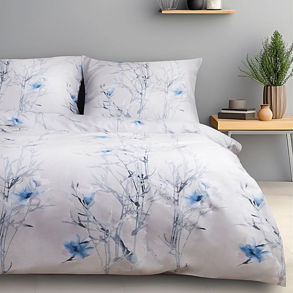 Pościel satyna bawełniana SATYNLOVE 160x200 biała w błękitne kwiatki