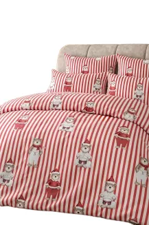 Pościel świąteczna z satyny bawełnianej BEAR 200x200 biała w czerwone paski i misie w mikołajowych czapkach
