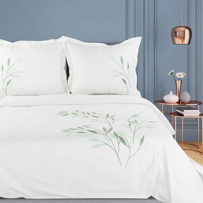 Pościel satynowa HAFT 160x200 Eurofirany biała haftowane zielone gałązki