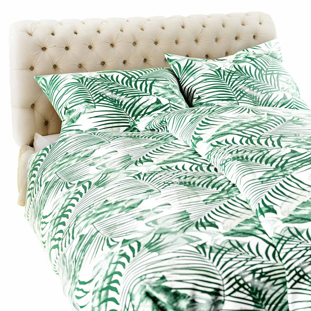 Pościel flanelowa JUNGLE 200x220 biała zielone liście palmy