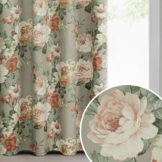 Zasłona gotowa na przelotkach FIORE 140x250 Eurofirany oliwkowa kremowa welwetowa w kwiaty