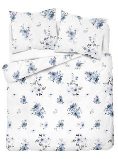 Pościel flanelowa 160x200 biała niebieskie ogrodowe kwiaty