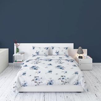 Pościel flanelowa 160x200 biała niebieskie ogrodowe kwiaty