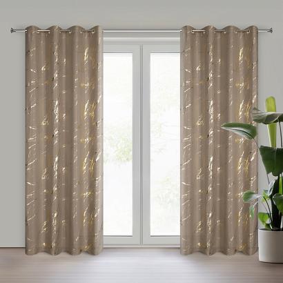 Zasłona gotowa na przelotkach LANI 140x250 Eurofirany brązowa złota z błyszczącym nadrukiem