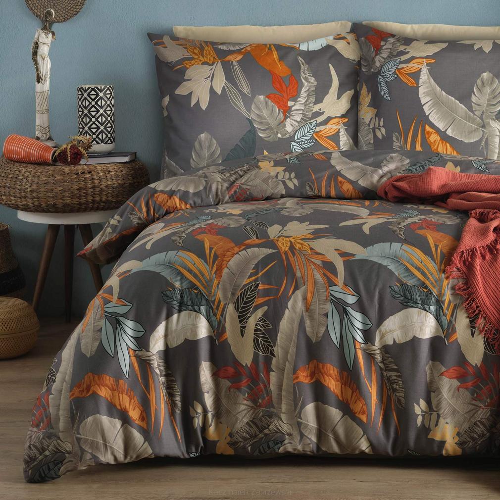 Pościel satyna bawełniana BOLERO 160x200 ciemnoszara w kolorowe egzotyczne liście
