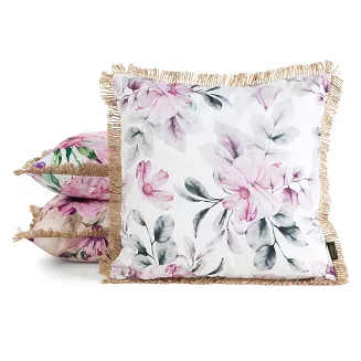 Poszewka dekoracyjna wodoodporna GARDEN 45x45 Eurofirany biała subtelny nadruk kwiatowy z frędzlami