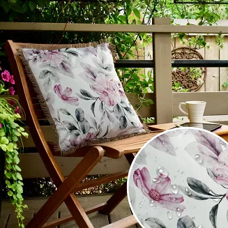 Poszewka dekoracyjna wodoodporna GARDEN 45x45 Eurofirany biała subtelny nadruk kwiatowy z frędzlami