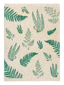 Koc bawełniano-akrylowy 150x200 beżowy zielony liście paproci wzór 1393-2