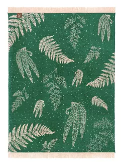 Koc bawełniano-akrylowy 150x200 beżowy zielony liście paproci wzór 1393-2