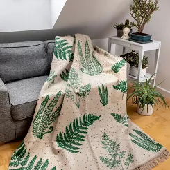 Koc bawełniano-akrylowy 150x200 beżowy zielony liście paproci wzór 1393-2