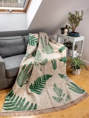 Koc bawełniano-akrylowy 150x200 beżowy zielony liście paproci wzór 1393-2