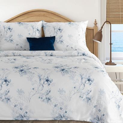 Pościel satynowa SPRING 160x200 Eurofirany biała niebieskie gałązki kwiaty