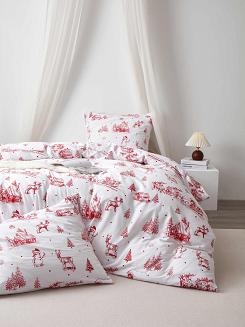 Biała Pościel Świąteczna Satyna Bawełniana z Nadrukiem 140x200 Laponia