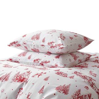 Pościel świąteczna satyna bawełniana LAPONIA 140x200 biała czerwona zimowy krajobraz