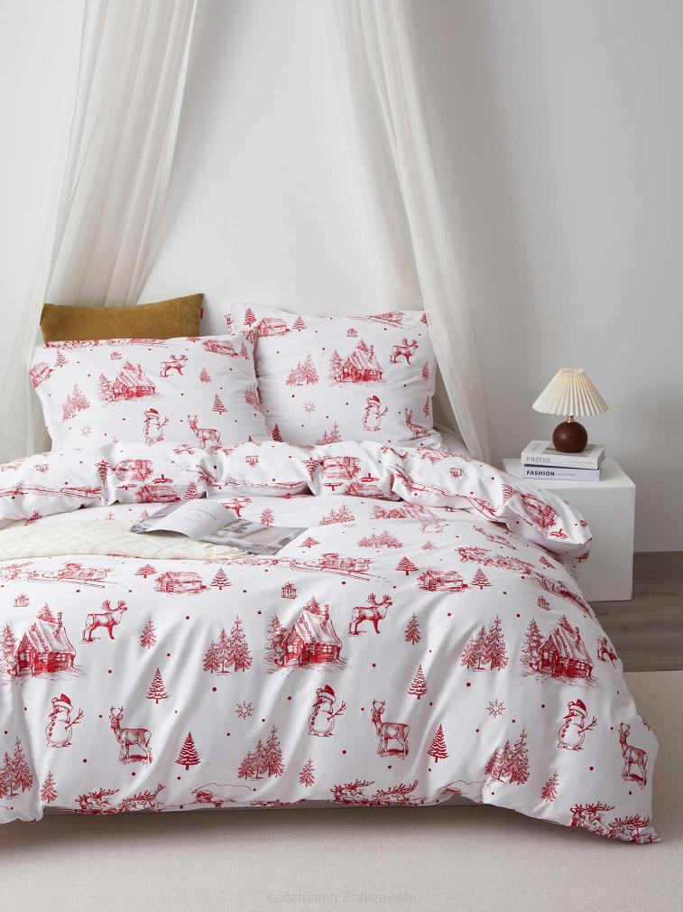 Biała Pościel Świąteczna Satyna Bawełniana z Nadrukiem 140x200 Laponia