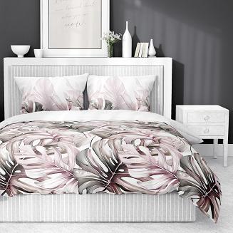 Pościel satynowa 160x200 Detexpol biała beżowe zielone liście monstery