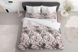 Pościel satynowa 160x200 Detexpol biała beżowe zielone liście monstery