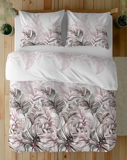 Pościel satynowa 160x200 Detexpol biała beżowe zielone liście monstery