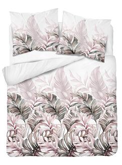 Pościel satynowa 160x200 Detexpol biała beżowe zielone liście monstery