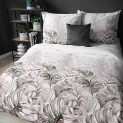 Pościel satynowa 160x200 Detexpol biała beżowe zielone liście monstery