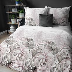 Pościel satynowa 160x200 Detexpol biała beżowe zielone liście monstery