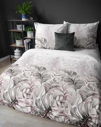 Pościel satynowa 160x200 Detexpol biała wrzosowe szare liście monstery