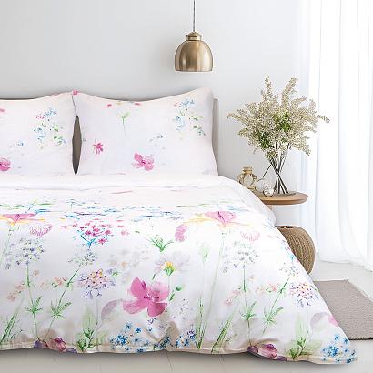 Pościel bawełniana COTTONLOVE 140x200 biała w pastelowe kwiaty