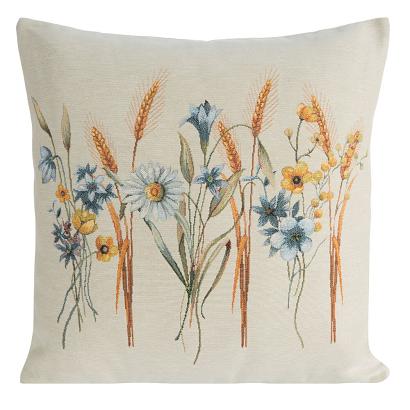 Poszewka dekoracyjna gobelinowa 45x45 Eurofirany naturalna niebieskie kwiaty kłosy zboża