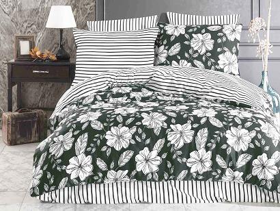 Pościel satyna bawełniana HAKKI GREEN 220x200 EXCLUSIVE biała zielona kwiaty paski