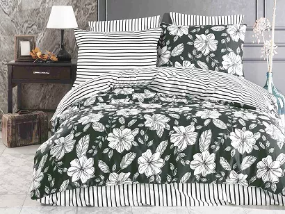 Pościel satyna bawełniana HAKKI GREEN 220x200 EXCLUSIVE biała zielona kwiaty paski