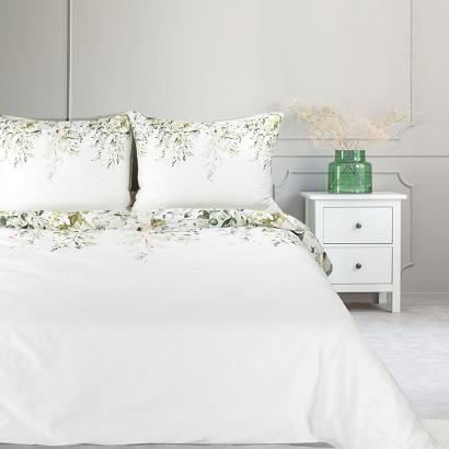 Pościel satynowa SPRING 160x200 Eurofirany biała miętowa botaniczny wzór gałązki
