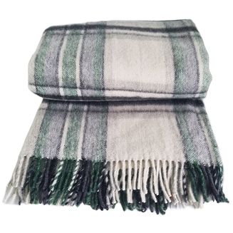 Koc wełniany z frędzlami 155x205 mała krata kremowy grafitowy butelkowy