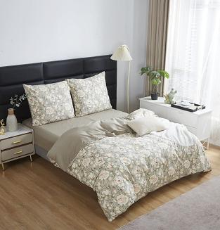 Pościel satyna bawełniana 220x200 szałwiowa beżowa kwiaty piwonie