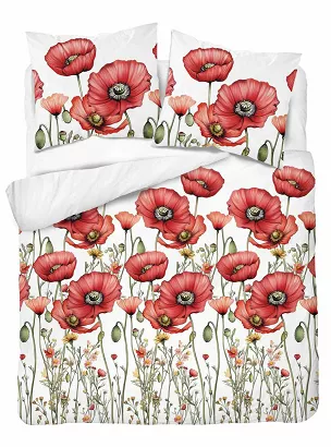 Pościel satynowa Home Satin 180x200 biała czerwone maki łąkowe kwiaty
