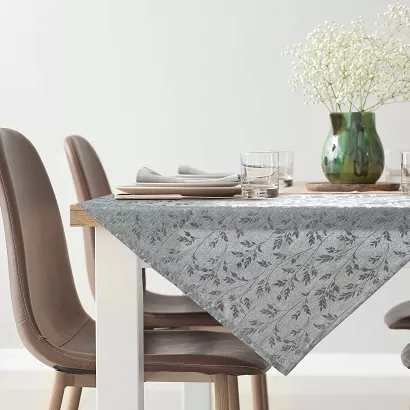 Obrus dekoracyjny serweta SIMONA 85x85 Eurofirany srebrny botaniczny nadruk gałązki