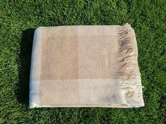 Koc wełniany z frędzlami 160x200 beżowa kremowa krata